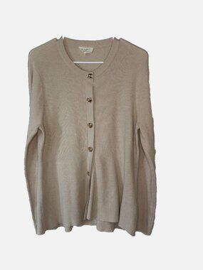 La Vila Milano Beige Rib Knit Cardigan Sweater L Gold Button Peplum Stretch